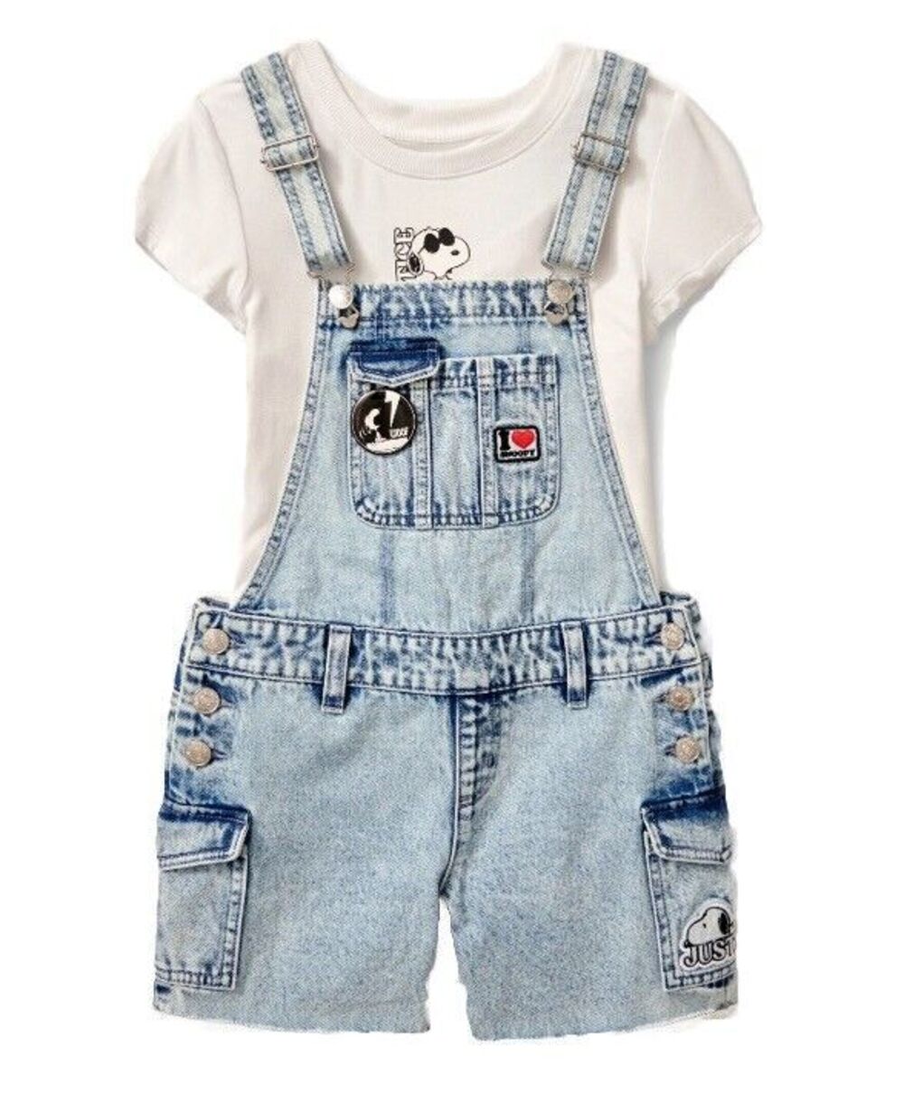 Justice Girls Snoopy Shortfall Overall Jumper & Tee Shirt Denim Size 8 NWT